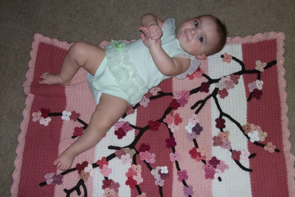 Crochet, Cherry Blossom, Baby Blanket, Crochet Flowers, Crochet Branch,